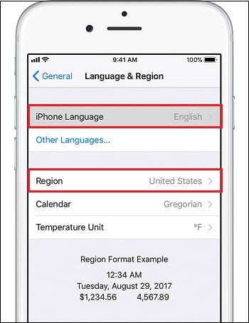 Change the language and location in the device settings