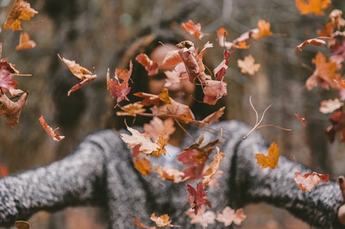 autumn photo ideas for instagram - a girl throws leaves in the forest