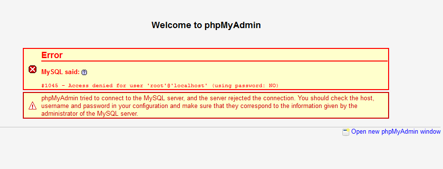 phpMyAdmin uses automatic password entry, so the error is accompanied by (Using password: NO)